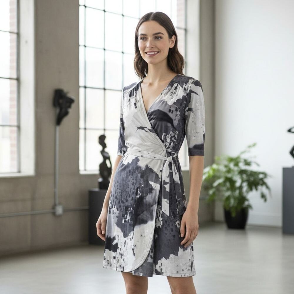 KOMAROV Wrap Dress Gray black Print Waist strap Petite sz L